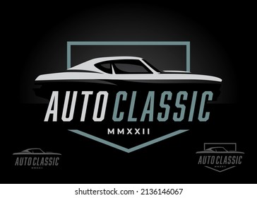 Classic sports car logo badge design. American performance motor vehicle silhouette icon. Auto dealership showroom sign. Automotive retro garage workshop symbol. Vector illustration.