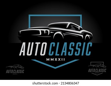 Classic sports car logo design. American performance motor vehicle icon. Auto dealership showroom sign. Automotive retro garage workshop symbol. Vector illustration.