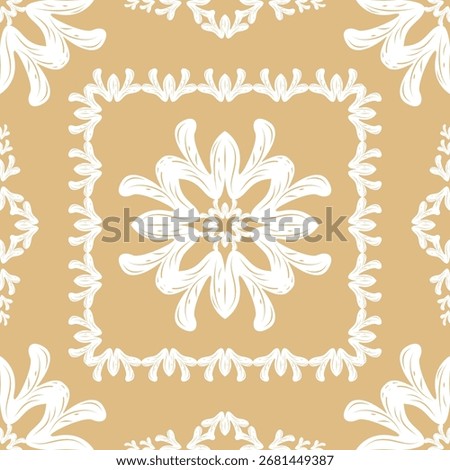 Classic square damask design with white floral ornament framed by delicate border on golden beige background. Ideal for ceramic tiles wallpaper luxury stationery timeless home decor mosaic needelcraft