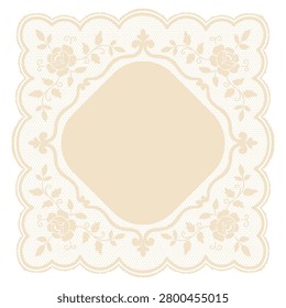 Classic square lace frame with floral roses motif. Elegant lace doily wedding invitation border in crochet style. Vintage embroidery handkerchief for greeting cards. Whimsical clipart.