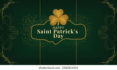 A classic St. Patrick's Day card featuring a golden clover, elegant gold flourishes, and a rich green background, perfect for celebrating luck and Irish heritage