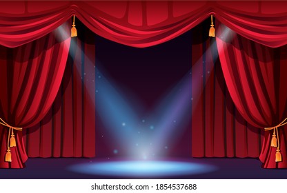 Classic stage with curtains and spotlights. Vector festive scene with lights and projectors. Concert, dance show, performance or music festival, illumination and decorations. Cinema ceremony scene