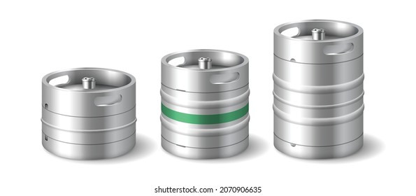 Juego clásico de barril de cerveza de acero inoxidable. Mancha de aluminio sellada en blanco estándar con una válvula especial para la producción de bebidas alcohólicas. Contenedor de pub. Ilustración vectorial 3d realista