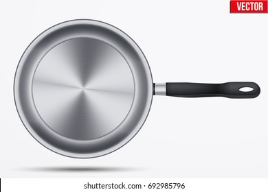 Classic stainless steel fry pan with handle. Top view and round shape. Kitchen and domestic symbol. Vector Illustration isolated on background.