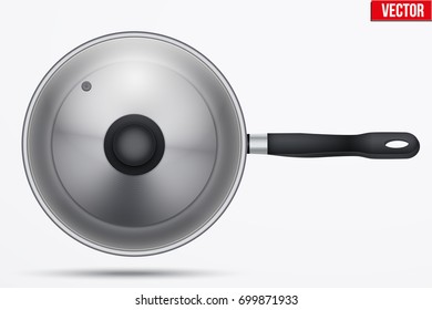 Classic stainless steel fry pan with glass lid and handle. Top view and round shape. Kitchen and domestic symbol. Vector Illustration isolated on background.