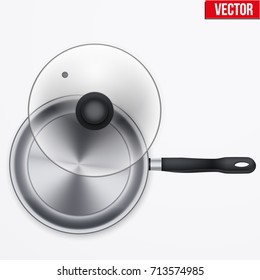 Classic stainless steel fry pan with opened glass lid and handle. Top view and round shape. Kitchen and domestic symbol. Vector Illustration isolated on background.