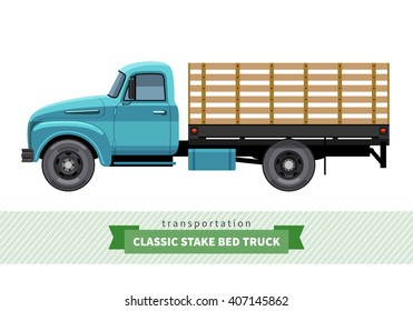 Classic stake bed truck side view. Vector isolated illustration