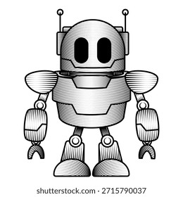 Personaje de robot de pie clásico con cabeza redonda y antena Asistente futurista retro dibujado a mano Vector de estilo de grabado vintage