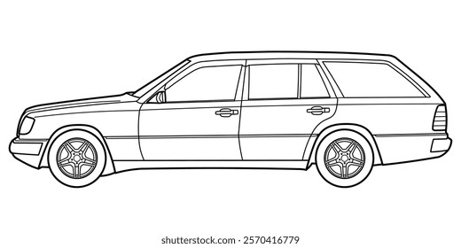 classic station wagon from 80s, 90s. Different five view shot - front, rear, side and 3d. Outline doodle vector illustration