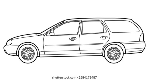 classic station wagon from 80s, 90s. Different five view shot - front, rear, side and 3d. Outline doodle vector illustration