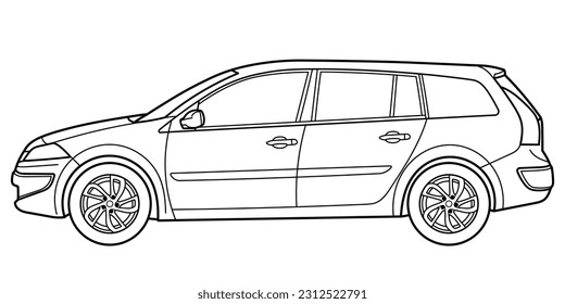 Classic station wagon car. 5 door car on white background. Side view shot. Outline doodle vector illustration	