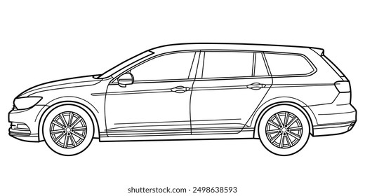 Classic station wagon car. Side view shot. Outline doodle vector illustration