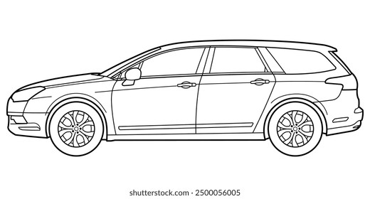 Classic station wagon car. Side view shot. Outline doodle vector illustration