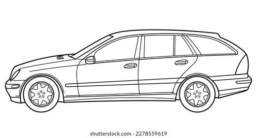 classic station wagon. Different five view shot - front, rear, side and 3d. Outline doodle vector illustration	
