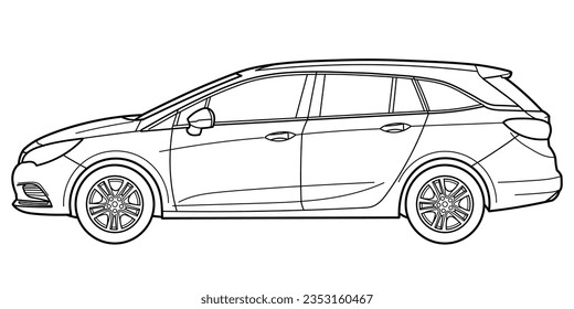classic station wagon. Different five view shot - front, rear, side and 3d. Outline doodle vector illustration