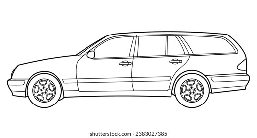 classic station wagon. Different five view shot - front, rear, side and 3d. Outline doodle vector illustration	
