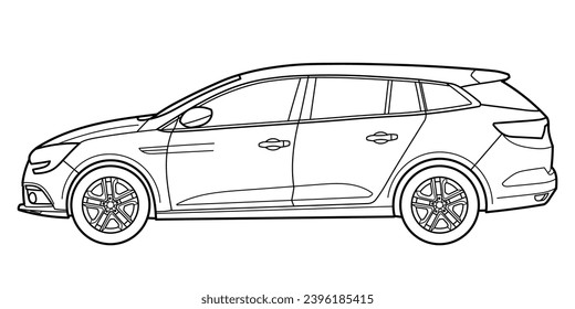 classic station wagon. Different five view shot - front, rear, side and 3d. Outline doodle vector illustration