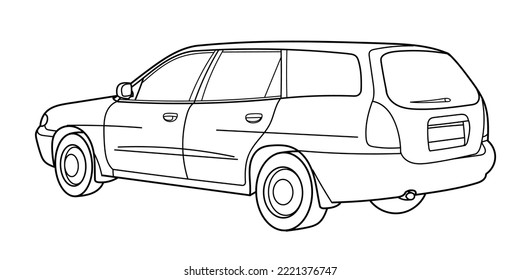 classic station wagon. rear shot, 3d view. outline doodle vector illustration	