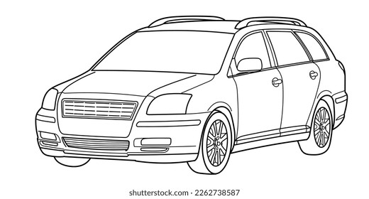 Classic station wagon. Side and front 3d view shot. Outline doodle vector illustration for design - print, color book