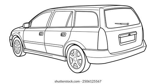 Vista trasera y lateral de la camioneta clásica de tres cuartos. Diferentes tomas de cinco vistas: frontal, posterior, lateral y 3D. Ilustración vectorial de doodle de esquema