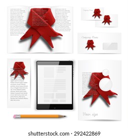 Classic stationery Mock-up, brochure, booklet, flyer with red ribbon. Documentation for business. Vector illustration