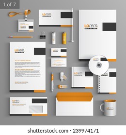 Classic stationery template design with black and orange square elements. Documentation for business.