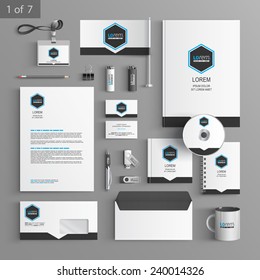 Classic stationery template design with black hexagon and shape. Documentation for business.