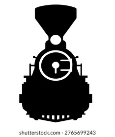 Classic Steam Locomotive Engine Front View Vector Silhouette Vintage Train Icon for Railway Branding Industrial Transport Retro Design Element