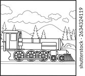 Classic steam locomotive in a scenic mountain landscape, perfect as a detailed coloring page for train enthusiasts, transportation themes, and vintage coloring book designs