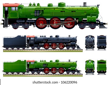 Classic steam locomotive (Train #10). Pixel optimized. Elements are in the separate layers. In the side, back and front views.  Please see my portfolio for the cars ( Image ID: 106220648 )