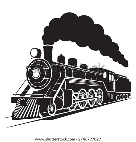 Classic steam locomotive vector graphic illustration with black smoke billowing from its chimney, depicting an iconic vintage railway engine on a track, perfect for industrial themes, travel, or historical design projects, showcasing powerful nostalgic transportation.