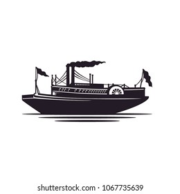 Classic Steamboat Steamship Vessel Ship Boat Silhouette Logo Design	
