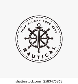 Classic Steering Ship and anchor logo badge emblem on white background