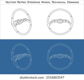 Classic Steering wheel vector line technical drawing set. blueprint wireframe outline Automobile steer wheel isolated on transparent background