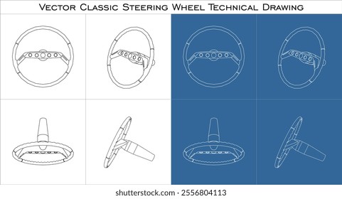 Classic Steering wheel vector line technical drawing set. blueprint wireframe outline Automobile steer wheel isolated on transparent background