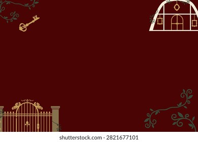 Classic stone archway frame adorned with floating vintage keys. Magical winter courtyard arcade border for sophisticated luxury greeting cards.