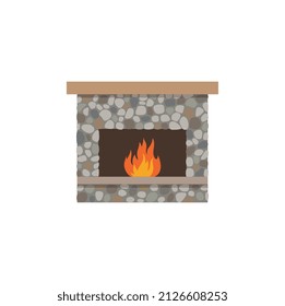 Classic Stone Fireplace With Burning Fire Inside, Flat Vector Illustration Isolated On White Background. Stove With Wooden Mantelpiece, Home Decoration Element.