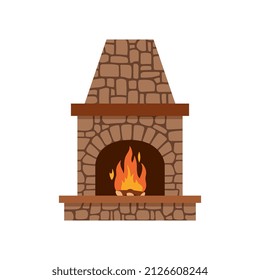 Classic stone fireplace with fire flame inside the hearth, flat vector illustration isolated on white background. Traditional stove for heating and relaxing.