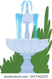 Classic stone fountain with flowing water and green bushes in the background. Elegant park or garden water feature design vector illustration.
