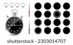 Classic stopwatch with clock faces. Shiny metal chronometer, time counter with dial. Countdown timer showing minutes and seconds. Time measurement for sport, start and finish. Vector illustration