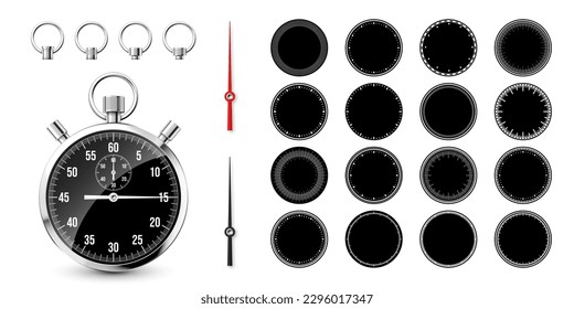 Klassische Stoppuhr mit Uhren. Schlaues Metallchronometer, Zeitzähler mit Zifferblatt. Countdown-Timer mit Minuten und Sekunden. Zeitmessung für Sport, Start und Ziel. Vektorgrafik