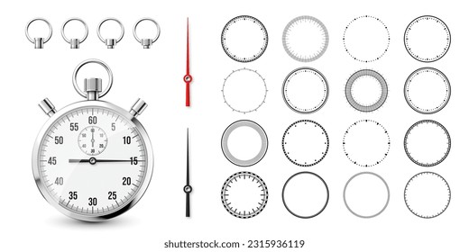 Classic stopwatch with clock faces. Shiny metal chronometer, time counter with dial. Countdown timer showing minutes and seconds. Time measurement for sport, start and finish. Vector illustration