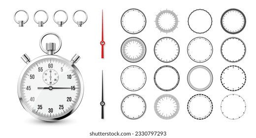 Classic stopwatch with clock faces. Shiny metal chronometer, time counter with dial. Countdown timer showing minutes and seconds. Time measurement for sport, start and finish. Vector illustration