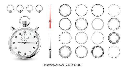 Classic stopwatch with clock faces. Shiny metal chronometer, time counter with dial. Countdown timer showing minutes and seconds. Time measurement for sport, start and finish. Vector illustration