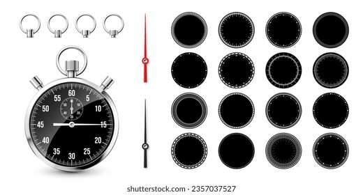Un cronómetro clásico con caras de reloj. Cronómetro de metal brillante, contador de tiempo con dial. Temporizador de cuenta atrás que muestra minutos y segundos. Medición del tiempo para deporte, inicio y fin. Ilustración del vector