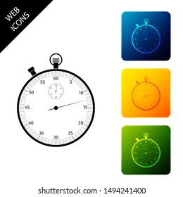 Classic stopwatch icon isolated. Timer icon. Chronometer sign. Set icons colorful square buttons. Vector Illustration