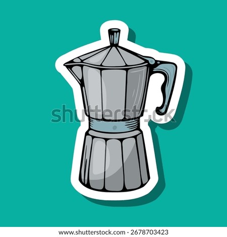 A classic stovetop espresso maker in a silver finish. The coffee pot features a traditional design with a handle and a lid. It stands against a teal background.