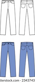 pantalones de denim rectos clásicos. Delante y atrás. Los jeans usan. CAD de moda. Ilustración vectorial.