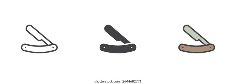 Classic straight razor with folding handle icon in outline, solid, and colorful filled outline styles. Barber shaving icon symbol and vintage grooming vector tool.