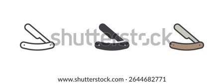 Classic straight razor with folding handle icon in outline, solid, and colorful filled outline styles. Barber shaving icon symbol and vintage grooming vector tool.